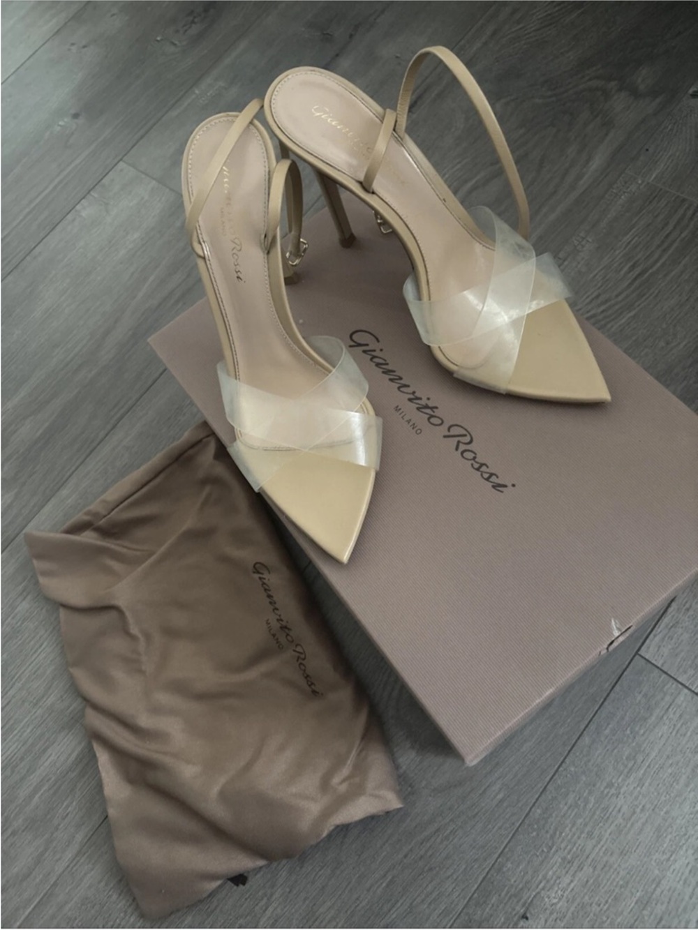 Gianvito Rossi Beige Pointed Slingback Heels with Clear Straps